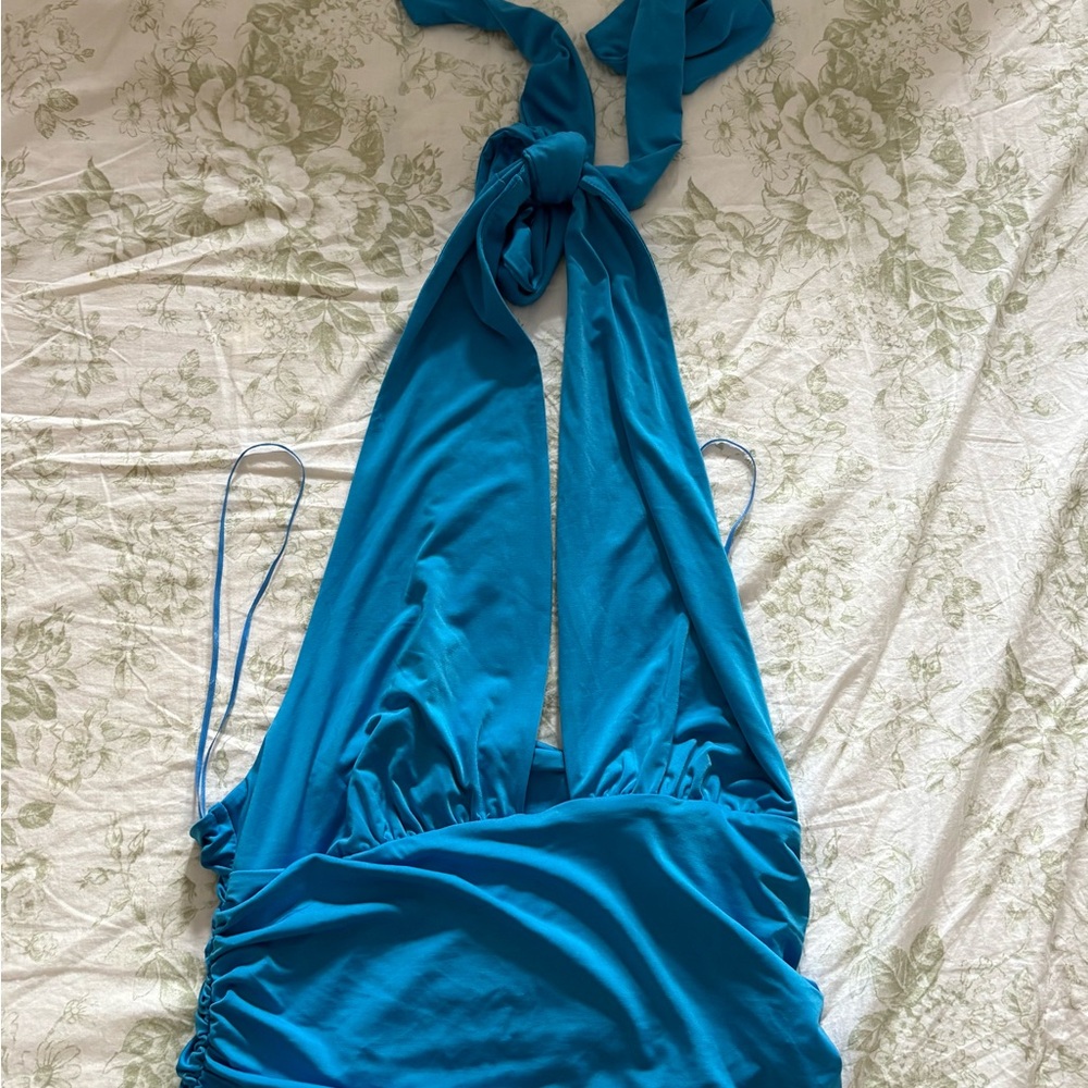 Express Blue Ruched Crop Tank Top - Picture 2 of 4